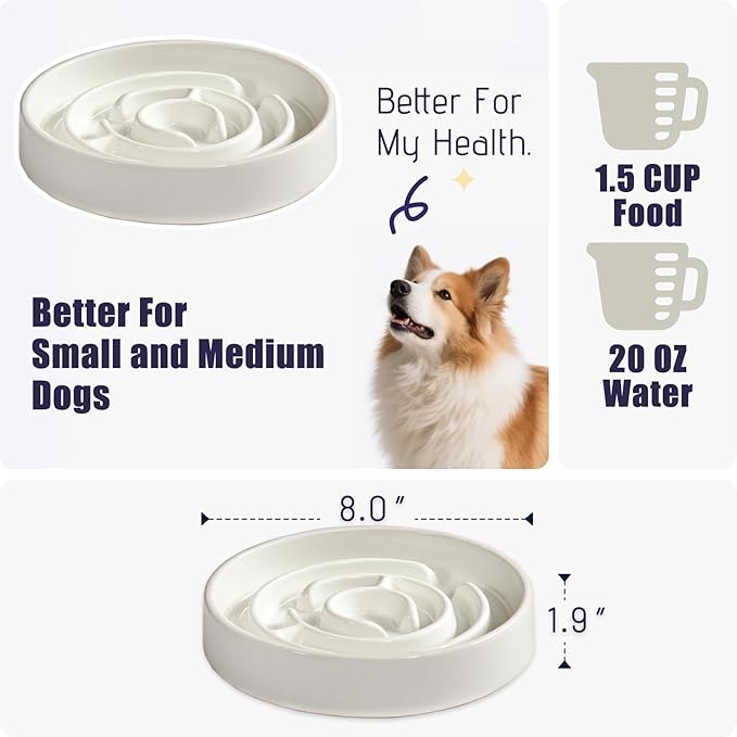 Ceramic Slow Feeder Dog Bowl,1.5 Cups Pet Slow Feeder for Small and Medium Breed,Puzzle Dog Food Dish,Anti-Gulping,Stop Bloat,Preventing Choking(White)