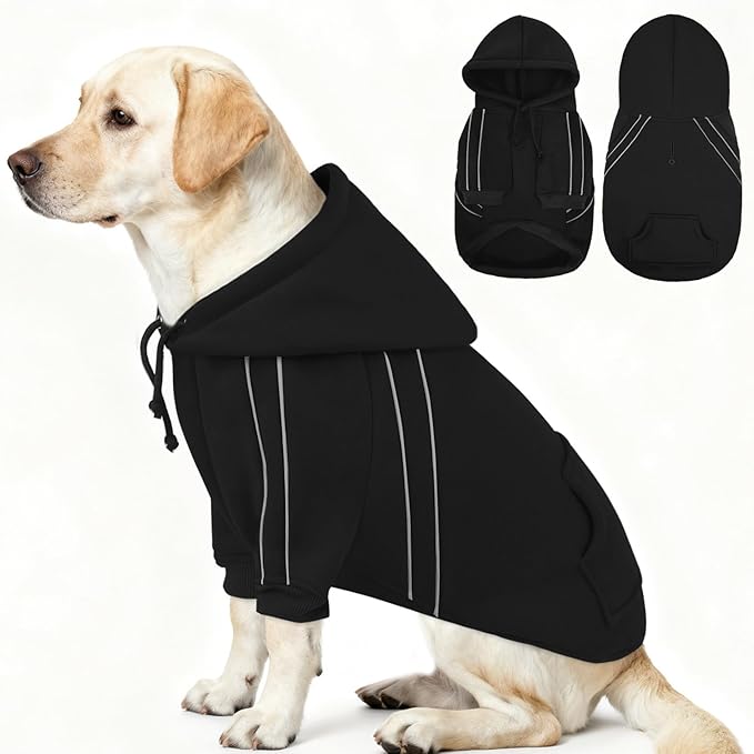 ASENKU Cozy Dog Hoodie,Soft Sweater with Adjustable Hood, Back Pocket and Leash Access Hole,Warm Reflective Sweatshirt for Cold Weather(Black,L