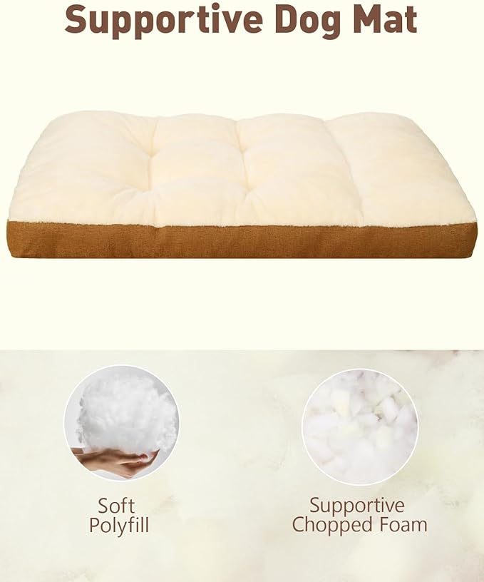 Washable Dog Bed for Large Sized Dog, Crate Bed Plush Pet Kennel Pad with Non-Slip Bottom, Pet Sleeping Mat, 35x23 Inch, Khaki