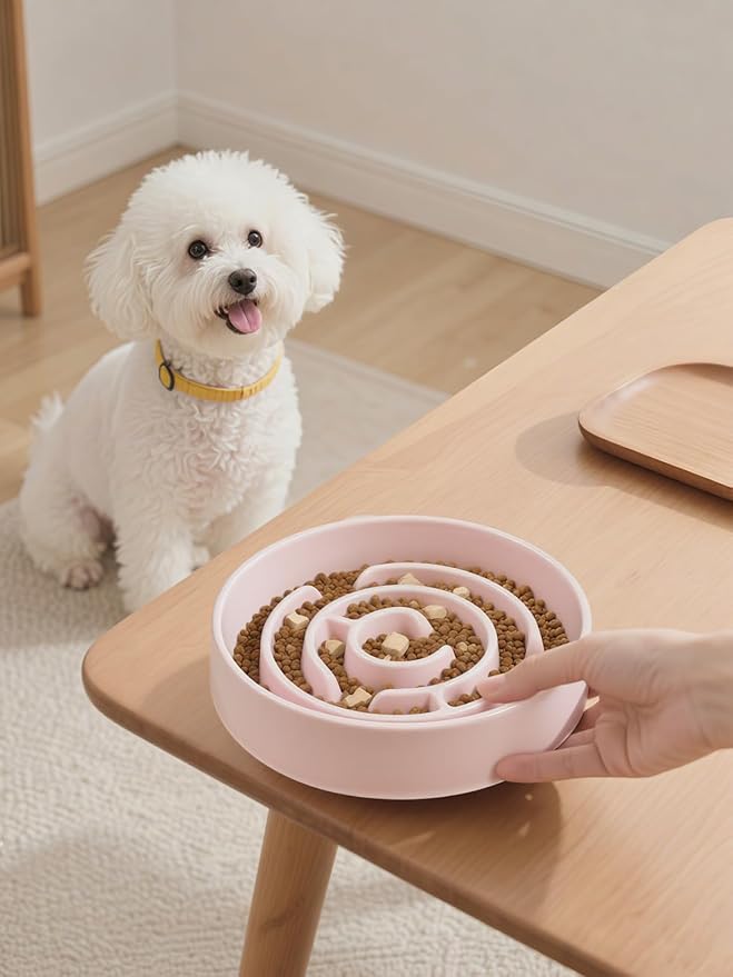 Slow Feeder Dog Bowls, Ceramic Dog Bowl with Anti-Slip, Slow Feeder & Non-Slip Design, Boredom and Anxiety Reducer, Suitable for All Breed Dogs and Cat (Ceramic-Pink)