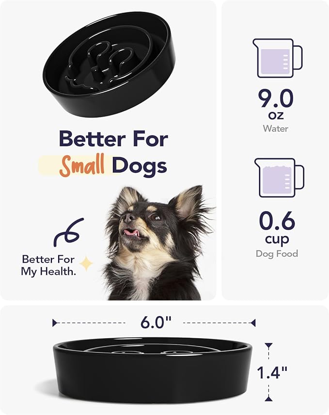 LE TAUCI Ceramic Slow Feeder Dog Bowls Small Breed, 0.6 Cups Dog Food Dish for Fast Eaters, Puzzle Bowl for Small Dogs and Cats,Skull Black