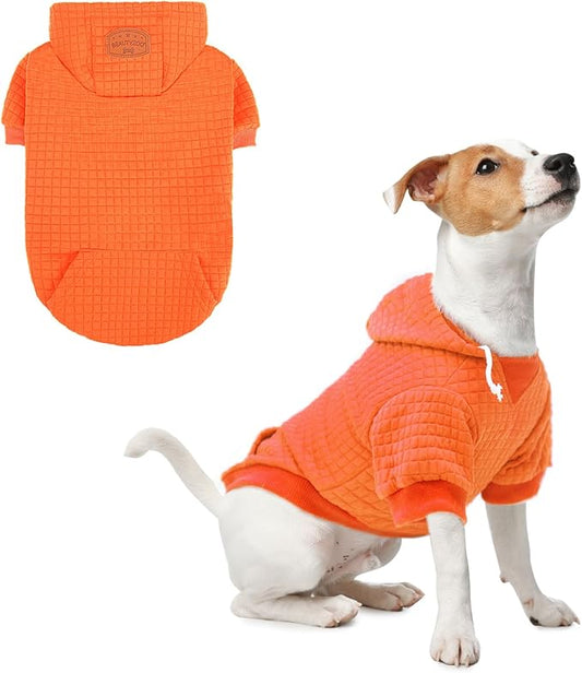 BEAUTYZOO Small Dog Hoodie Sweater with Pockets, Dog Clothes for Small Medium Dogs Boy Girl, Waffle-Like Laminated Cotton Pet Coats with Hat and Leash Hole, Orange XS