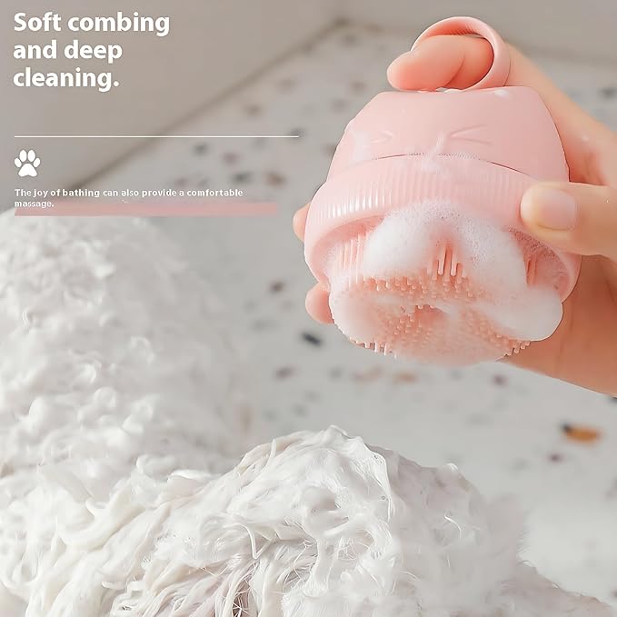 Silicone Cat Bath Brush - Soft Pet Grooming Tool with Integrated Shampoo Dispenser | Gentle Massage Bristles for Cats & Small Dogs(Pink)