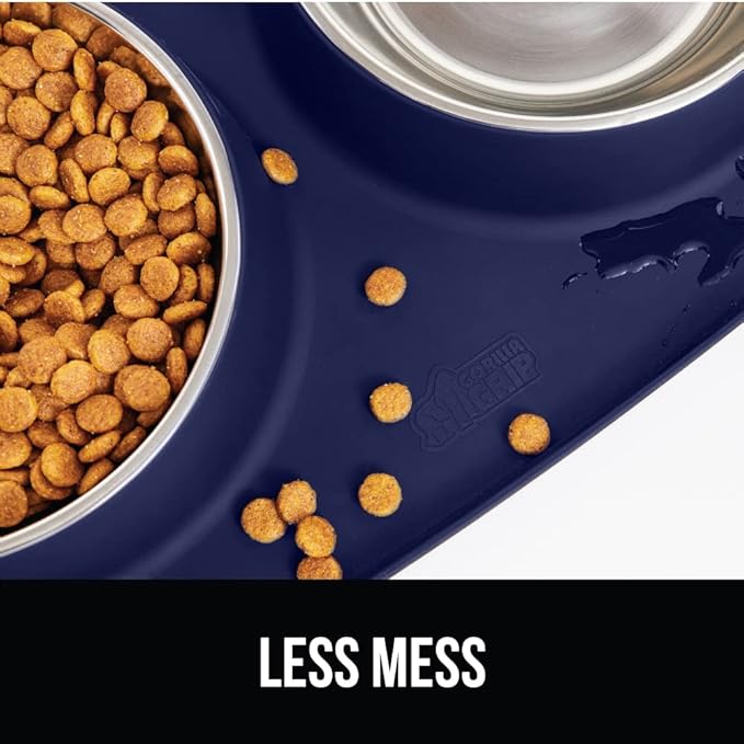 GORILLA GRIP Feeding Mat Set, Patent Pending 100% Waterproof BPA Free Silicone, Stainless Steel Cat and Dog Bowls, Slip Resistant, Edges Catch Water, Food, US Designed Pet Accessories, 2 Cup Navy Blue