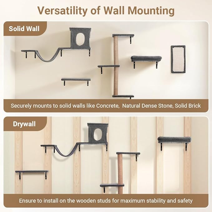 Cat Wall Shelves, 5-in-1 Cat Furniture Set, Wooden Cat Climber with Perches, Condo House, Bed, Scratching Post & Board for 16inch Drywall and Solid Wall