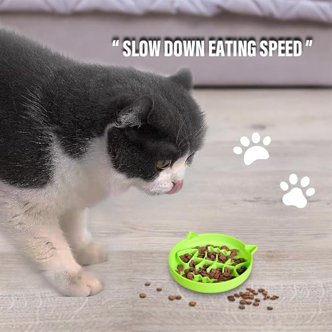 Silicone Cat Slow Feeder Bowl With Suction Cups - Interactive Puzzle Toy to Reduce Overeating in Kitty (Green, 1 Cup)