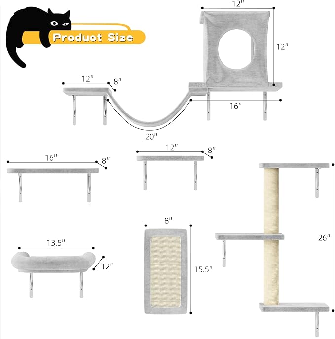 NUNU LAB Cat Wall Shelves, 6 Pcs Luxury Wall-Mounted Cat Climber Set, Indoor Cat Furniture with 1 Condos House, 2 Cat Wall Shelves, 1 Scratching, 1 Bridge Ladder, 1 Scratching Pad, Gray