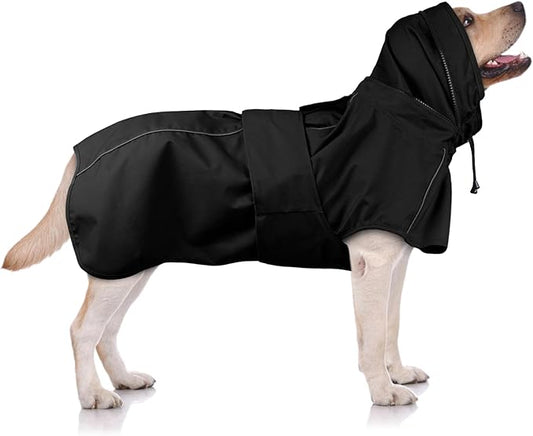 Dog Raincoat XXL, Waterproof Dog Raincoats for Large Dogs with Hood, Leash Hole, Reflect Strips, Ideal for Rain, Snow, Windy Weather & Outdoor Walks, Camping, Hiking - Black