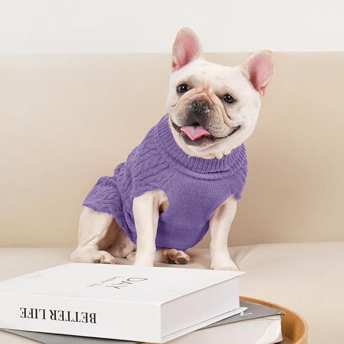 2 Pack Dog Sweaters for Medium Dogs Turtleneck Pullover Cable Knit Stretch Clothes French Bulldog Dachshund Boston Terrier Corgi Beagle Pug Boy Girl Pets Winter Clothes (L, Pink & Purple)