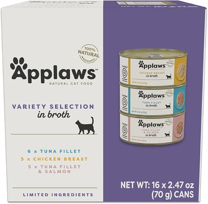 Applaws Natural Wet Canned Cat Food, Limited and Natural Ingredients, High Protein with No Artificial Additives, Variety Pack in Broth (16 x 2.47oz Cans)