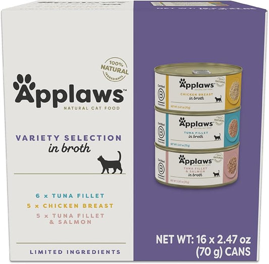 Applaws Natural Wet Canned Cat Food, Limited and Natural Ingredients, High Protein with No Artificial Additives, Variety Pack in Broth (16 x 2.47oz Cans)