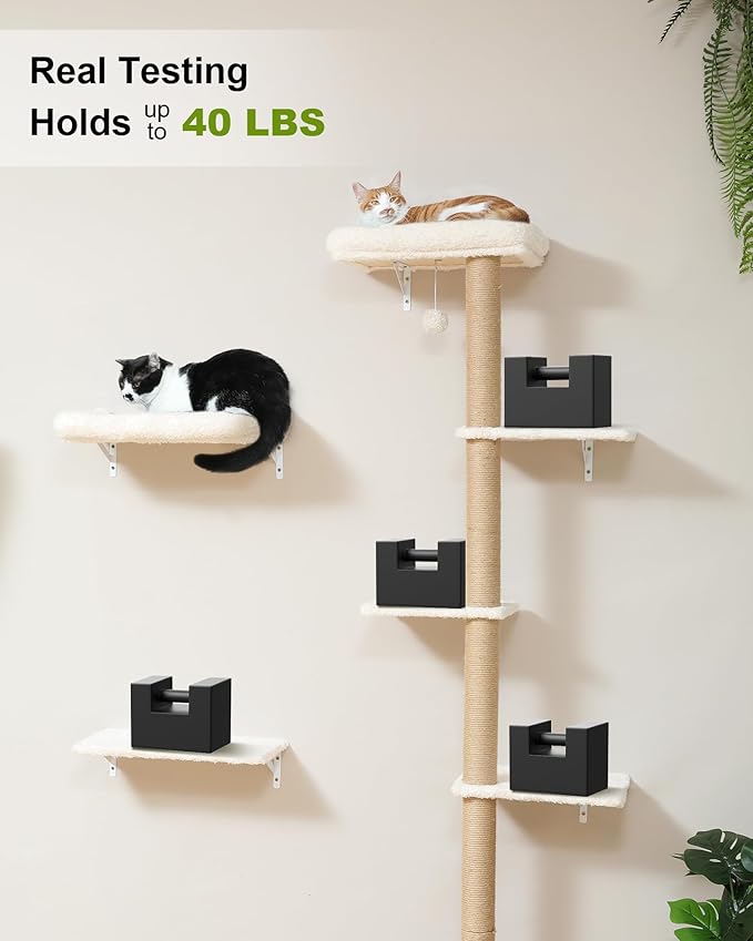 FUKUMARU Cat Wall Shelves, Stable 3-in-1 Wall Mounted Cats Furniture Set, Kitten Scratching Post with Soft Cushion Perch, Space Saving Climbing Wall for 16 Inch Drywall - Beige