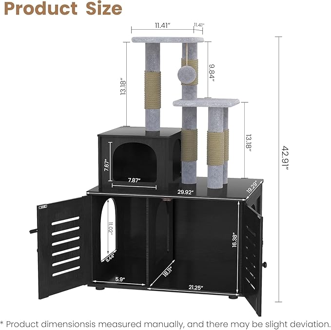 Cat Litter Box Enclosure with Cat Tree Tower 2-in-1 Hidden Pet Washroom Furniture with Scratching Post and Soft Plush Perch Platform Wooden Cat House Divided Condo for Indoor Large Cats Black