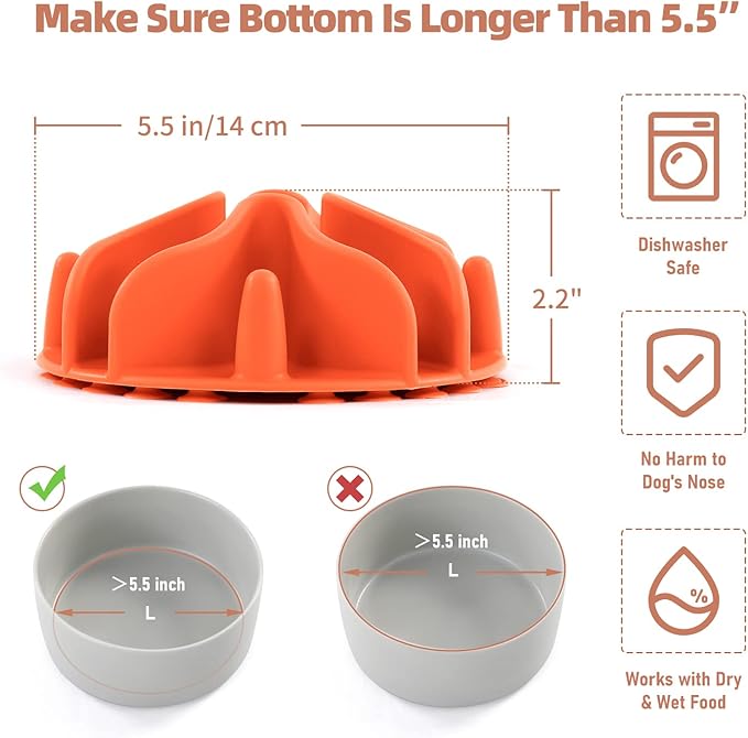 Jaoul Slow Feeder Dog Bowls Insert, Puzzle Slow Feeder Insert with 51 Octopus Suction Cups for Medium Large Size Dog Food Bowl Over 6.5" Wide (Orange)