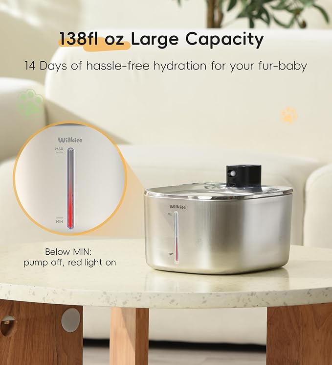 Cat Water Fountain Stainless Steel, 138fl.oz / 4.1L Wireless Cat Fountain, Pet Water Fountain Cordless for Cats & Dogs Indoor