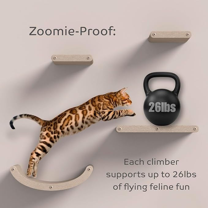 Wall Mounted Cat Shelves (Set of 4) by Pryde Pets - 100% Sustainable PET Felt Feline Enrichment Climber Furniture for Small & Large Indoor Cats, Modern Climbing Gym Jungle Design (Oatmeal)