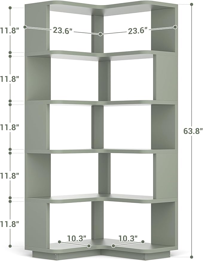 Armocity Corner Book Shelf - 6 Tier Corner Bookshelf Etagere Bookcase with Baffle, Freestanding L Shaped Display Shelf Stand for Home Office, Living Room, Bedroom, Kitchen, Crab Green