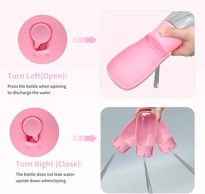Dog Water Bottle, Leak Proof Portable Puppy Water Dispenser, Travel Puppy Water Bowl, Foldable Transparent Dog Water Bottle for Pets Outdoor Walking, Hiking, Travel, Food Grade Plastic - 10oz Pink