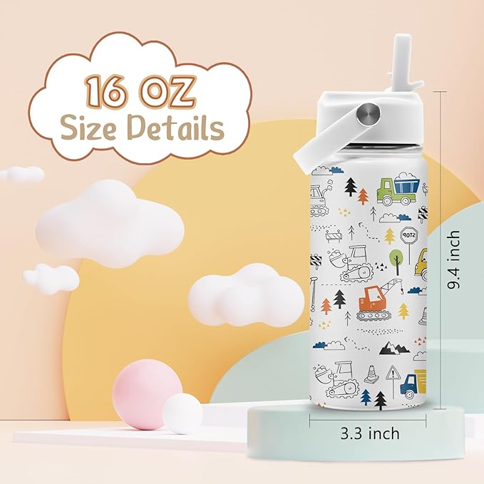 16 oz Water Bottle with Straw Lid, Stainless Steel Insulated Tumbler, Cute Construction Water Bottles for Birthday Christmas