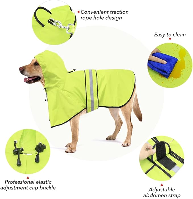 Waterproof Puppy Rain Jacket - Adjustable Reflective Dog Raincoat, Lightweight Dog Hooded Slicker Poncho Raincoats for Small to X- Large Dogs and Puppies (Neon Green, Small)