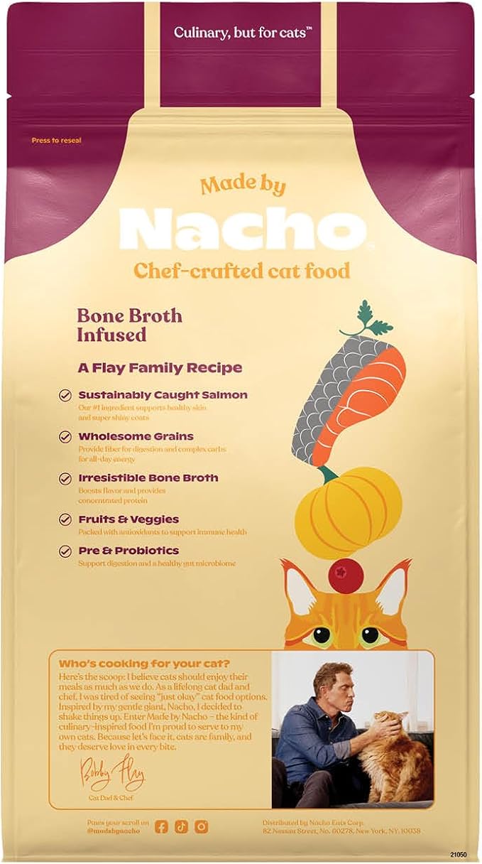 Made by Nacho Dry Cat Kibble 4lb Bag, High Protein and Grain-Friendly Premium Cat Food, Sustainably Caught Salmon and Pumpkin, Infused with Bone Broth for Hydration, Limited Ingredients, Single Bag