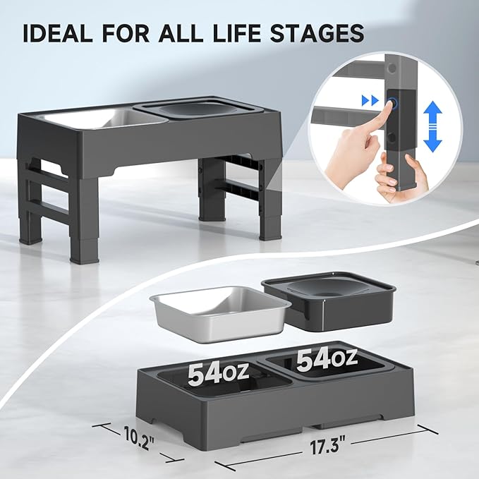 ELS PET Elevated Dog Bowls, Adjustable Raised Dog Bowls with No Spill Dog Water Bowl and Stainless Steel/Slow Feeder, for Small Medium Large Dogs,Cats & Pets (Stainless Steel)