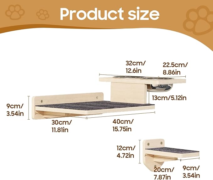 MeowHomm Cat Wall Shelves, Wood Cat Feeding Shelf with 4 Non-Slip Steps, 2 Food Bowls, Wall-Mounted Furniture for Kittens