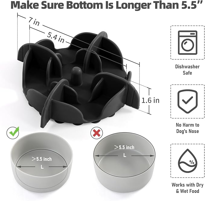 Jaoul Slow Feeder Dog Bowls Insert for Large Breed, 7 Inch Cuttable Slow Feeder Insert with 32 Octopus Suction Cups for Medium Large Size Dog Food Bowl (X-Large, Black)