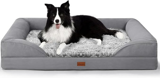 Gimars 3.7in Thickened Orthopedic Dog Bed for Large Dogs, Supportive L Dog Sofa Bed with Bolster & 28D Egg-Crate Mattress, Waterproof Lining, Washable Plush Cover for Arthritic Dogs