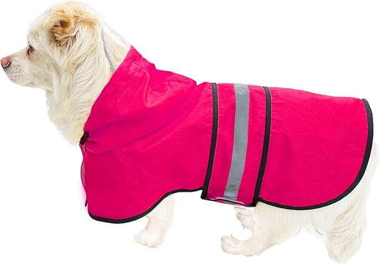 Dog Raincoat Waterproof Reflective Slicker - Lightweight Breathable Hooded Poncho Rain Coat Jacket with Adjustable Belly Strap and Leash Hole for Small Medium Large Dogs (Pink, Small)