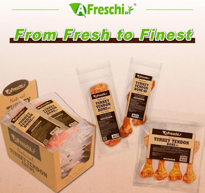 AFreschi Turkey Tendons for Dogs, USA-Sourced, Healthy Dog Treats, Rawhide-Free Puppy Chews, Long Lasting, All Natural, Hypoallergenic Dog Treats for Large Breeds, 2 Count Pack Bone (L)