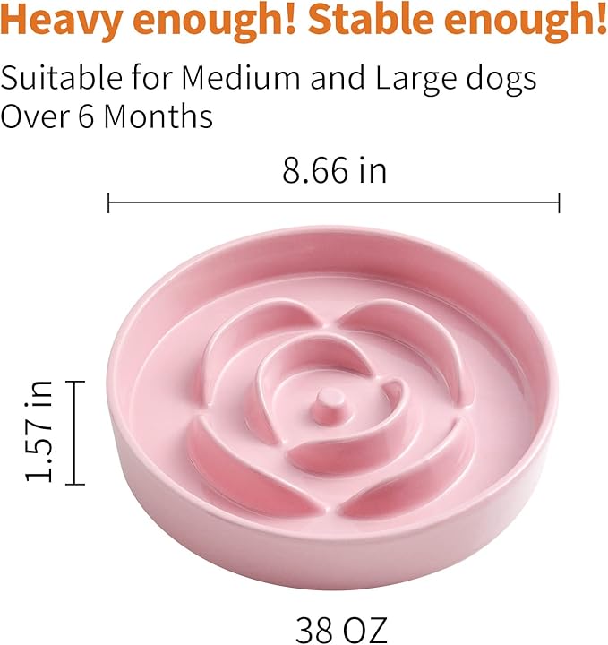 8.66 in Pink Ceramic Slow Feeder Dog Bowl for Medium and Large Breed - Heavy Weighted Puzzle Feeding Dish for Fast Eaters, Modern Maze Design