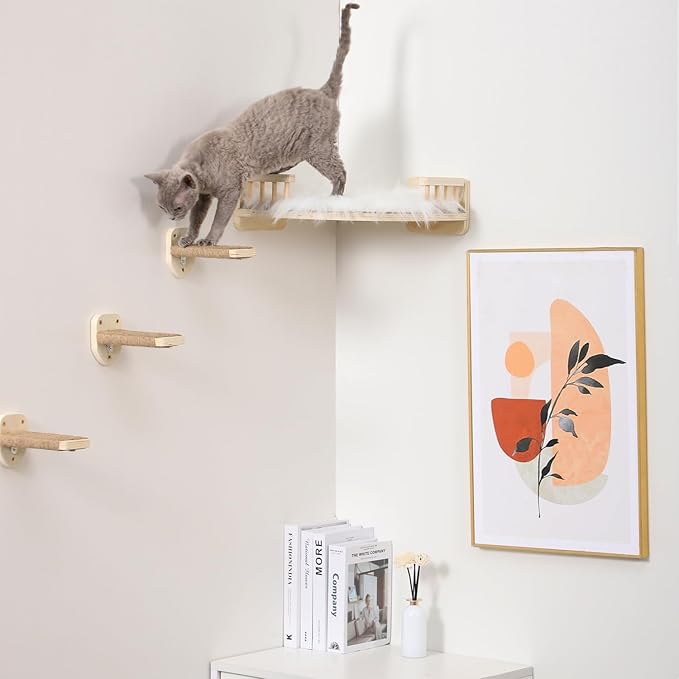 Cat Wall Shelves with 3 Steps Scratch Post, Climbing Shelf and Hammock for Indoor Cats (Wood)