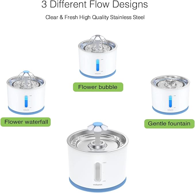 Cat Water Fountain Stainless Steel Top with 4 Filters & 4 Sponges, Pet Fountain for Small Dog and Cat with LED Light and Water Level Window (Blue)