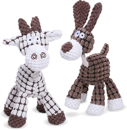 Soputry Plush Squeak Pet Toys, Squeaky Interactive Stuffed Plush Chew Toy for Small to Large Dogs (Cow & Dog)