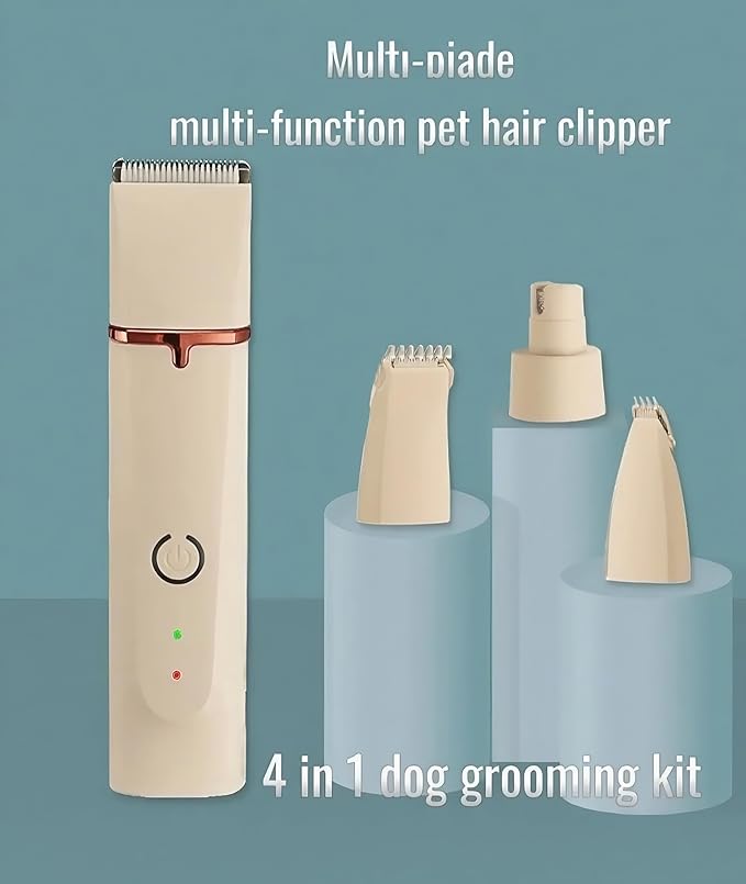 4 in 1 Pet Dog Cat Grooming Kit Dog Cat Nail Ear Paw Clipper Trimmer Pet Hair Grooming Clipper-Low Noise Rechargeable - Cordless Quiet Nail Grinder Trimming Hair Around Eyes and Ears (Beige)