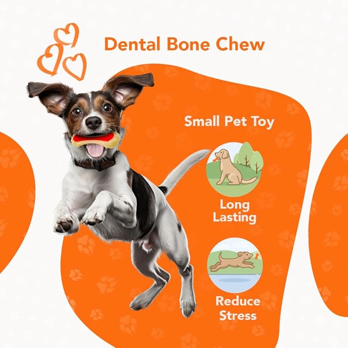 Dental Bone Chew Pet Toy Small, Bacon Scented and Flavored Dog Chew Toys, Orange