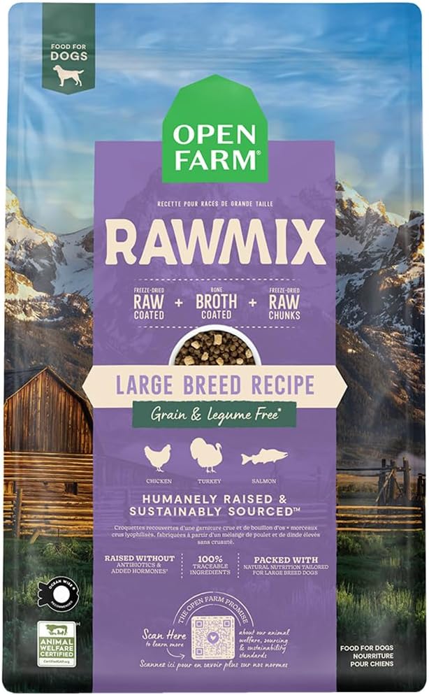 Open Farm, RawMix Grain-Free Dry Dog Food for Large Breeds, Protein-Packed Kibble Coated in Bone Broth with Freeze Dried Raw Chunks, Salmon Chicken & Turkey, Large Breed Recipe, 20lb Bag