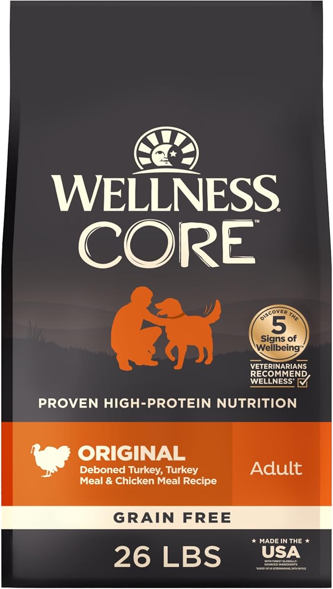 Wellness CORE Grain-Free High-Protein Dry Dog Food, Made in USA with Real Meat & Natural Ingredients, All Breeds, Adult Dogs (Turkey & Chicken, 26-lb) With Nutrients for Immune, Skin, & Coat Support