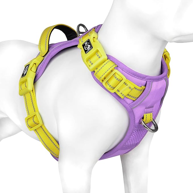 PHOEPET No Pull Dog Harness, Unique Colors Reflective Adjustable Dog Vest, with Soft Training Handle Metal Clips for Small Medium Large Dogs (Baby Purple Base & Yellow Straps,L)