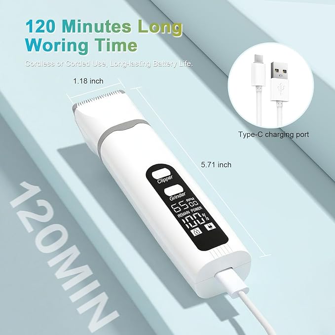4 in 1 Dog Clippers Grooming Kit with LED Screen, Cordless Quiet Paw Trimmer & Nail Grinder, Rechargeable Waterproof Feet Ear Body Hair Shaver for Cats Dogs Pet Supplies, Pure White