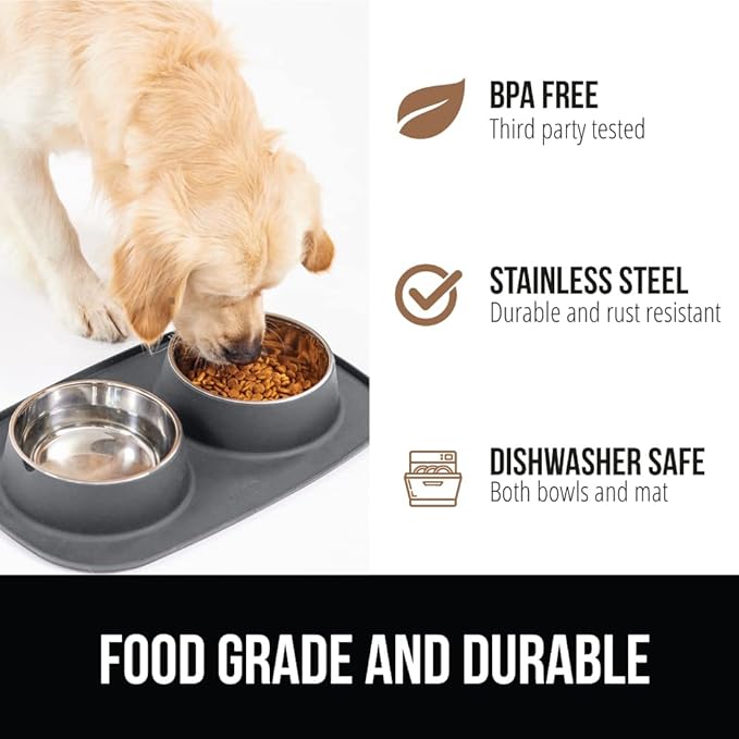 GORILLA GRIP Feeding Mat Set, Patent Pending 100% Waterproof BPA Free Silicone, Stainless Steel Cat and Dog Bowls, Slip Resistant, High Edges Catch Water Food, US Designed Pet Accessories, 2 Cup Gray