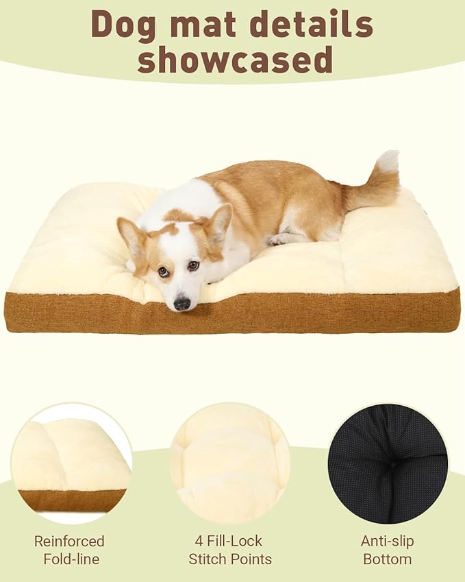 Washable Dog Bed for Large Dog, XL Crate Bed Plush Pet Kennel Pad with Non-Slip Bottom, Pet Sleeping Mat, 41x27 inch, Khaki
