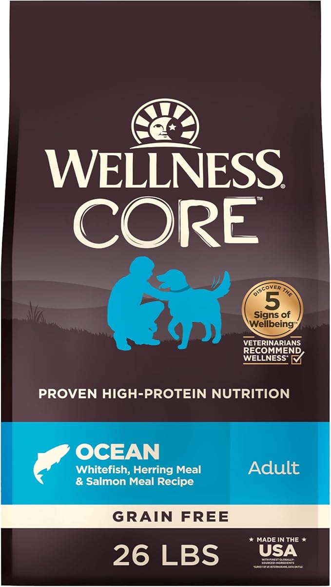 Wellness CORE Grain-Free High-Protein Dry Dog Food, Natural Ingredients, Made in USA with Real Meat, All Breeds, For Adult Dogs (Ocean Whitefish, Herring & Salmon, 26-Pound Bag)