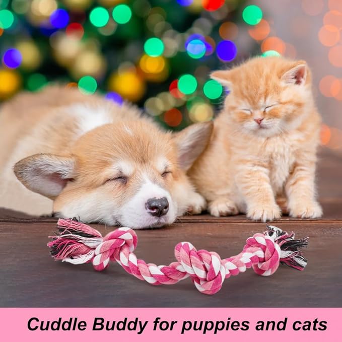 SZEE Dog Rope Toy, 14 in 3 Knots Chew Rope for Small Medium Dogs, Natural Cotton Pull Toy for Tug of War and Teeth Cleaning (Pink)