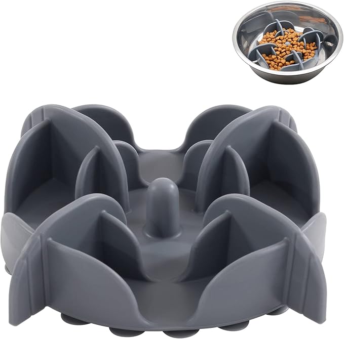Jaoul Slow Feeder Insert for Small Dogs, Silicone Pet Feeder Accessory with Dividers & Suction Cups, Dishwasher Safe, 5x5 inches, Grey