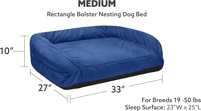 K9 Ballistics Tough Bolster Nesting Pillow Medium Sofa Dog Bed with Removable Washable Cover - Durable, Water Resistant with Nonskid Bottom 33"x27", Blue Quartz