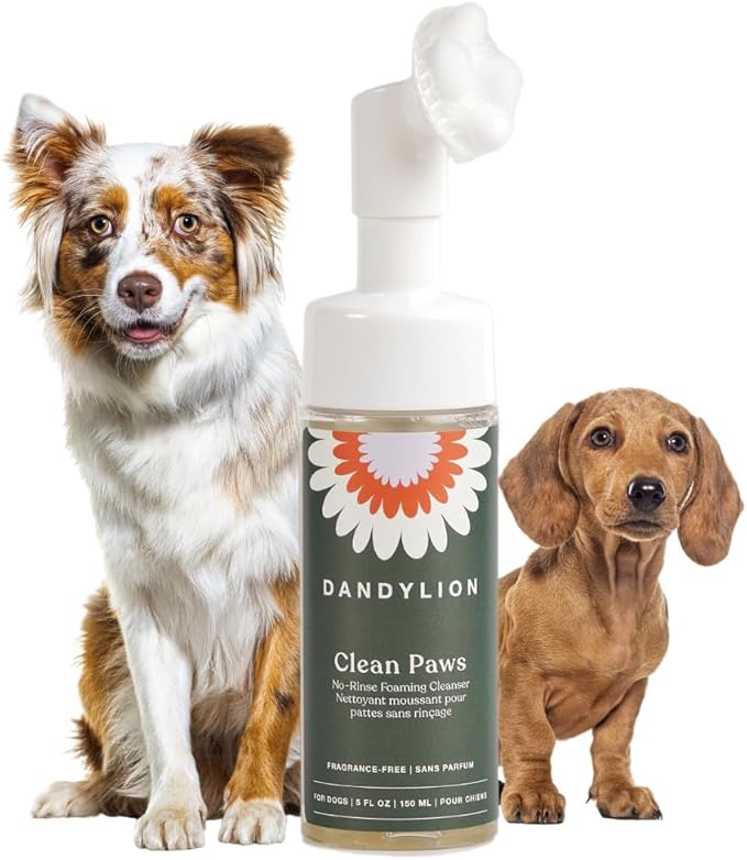 Dandylion Clean Paws | No-Rinse Dog Paw Cleaner & Puppy Paw Washer | Gentle, Fragrance-Free, pH Balanced Foaming Cleanser with Silicone Bristle Brush | Safe for All Dogs | 5 fl oz