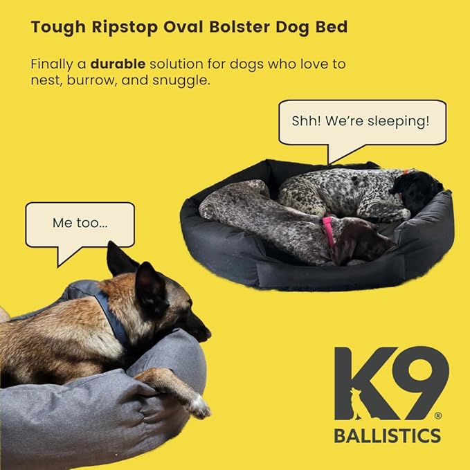 K9 Ballistics Tough Ripstop Oval Bolster Dog Bed, Calming Round Den Shape, Scratch Resistant, Machine Washable - Medium, Black Ripstop