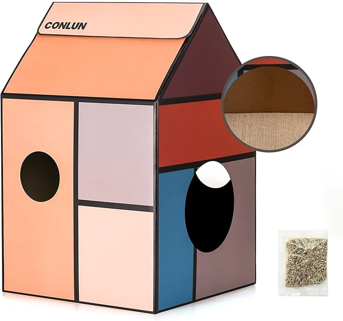 Cardboard Cat House with Scratch Pad & Catnip, Cat Play Scratching House for Indoor Hideaway Furniture, Heavy Duty Sturdy Cardboard Scratcher, Easy to Assemble Birthday Gift